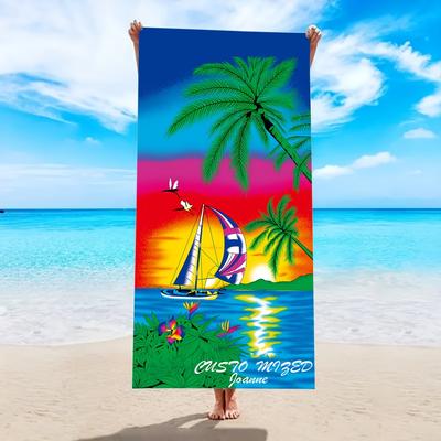 TEMU 1pc Personalized Tropical Coastline Microfiber Beach Towel For Adults, Ultra-soft Custom Name Bath Towel, Rectangular Design With Palm Trees And Sailboat, Quick-dry Image