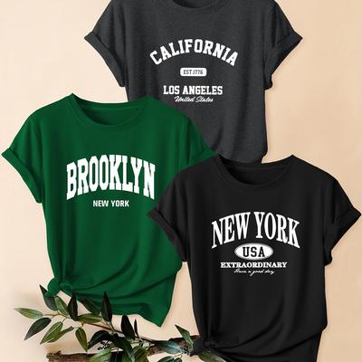 TEMU 3pcs Set - Collared - New Summer Plus Size Women's Short Sleeve T-shirt, Casual Round Neck California Brooklyn Letter Print Top For Women Image