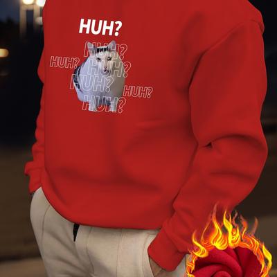 "TEMU Men's Casual Graphic Print Sweatshirt - Vibrant Red "huh? Who Dis?" , Thick Knit Round Neck Pullover For Autumn/winter, Machine Washable, Cat Sweater" Image
