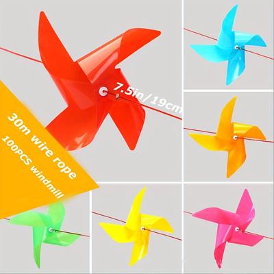 TEMU 1set Colorful Windmill String, Plastic Windmills Suitable For Outdoor Parties, Weddings, Garden Decor (includes 30m Steel Wire + 100pcs Windmills, Image