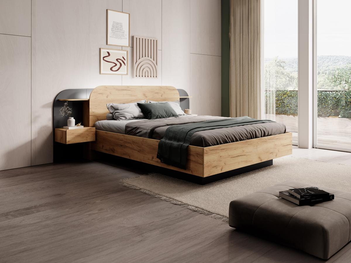 Letto con contenitore con comodini 160 x 200 cm Con LED Naturale e Nero - JUVISIA