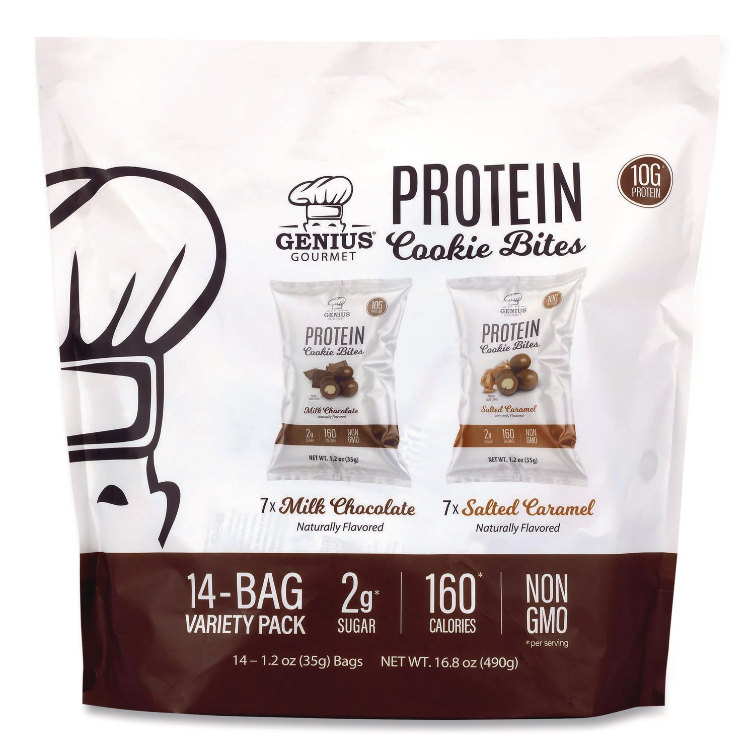 Genius Gourmet Protein Cookie Bites Variety Pack, Salted Caramel and Milk Chocolate, 1.2 oz Bag, 14/Box (GRR22002521) Box of 14 Genius Gourmet™ Chip