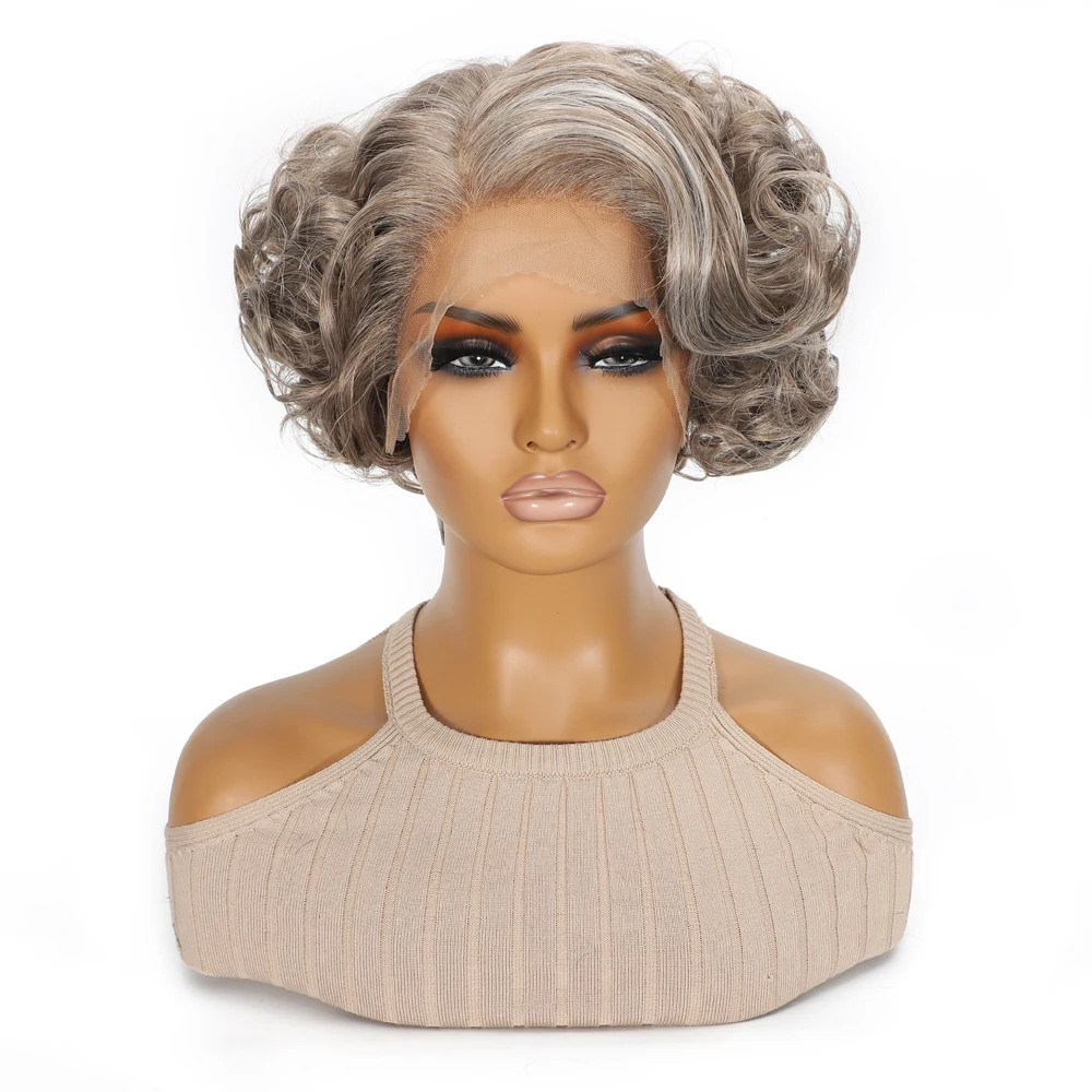 10-Zoll-kurze, lockige, gewellte, blonde, schwarz-graue synthetische Perücke für Frauen, natürlicher Look, T-Teil, Spitzenfront-Haarersatz Image