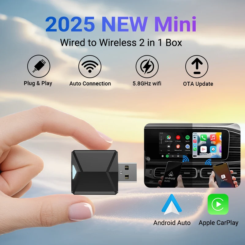 2025 NEU 2-in-1 Mini Wired auf Wireless CarPlay und Android Auto Adapter 5GHz WiFi5 für Originalautos mit Wired CarPlay/Auto Image