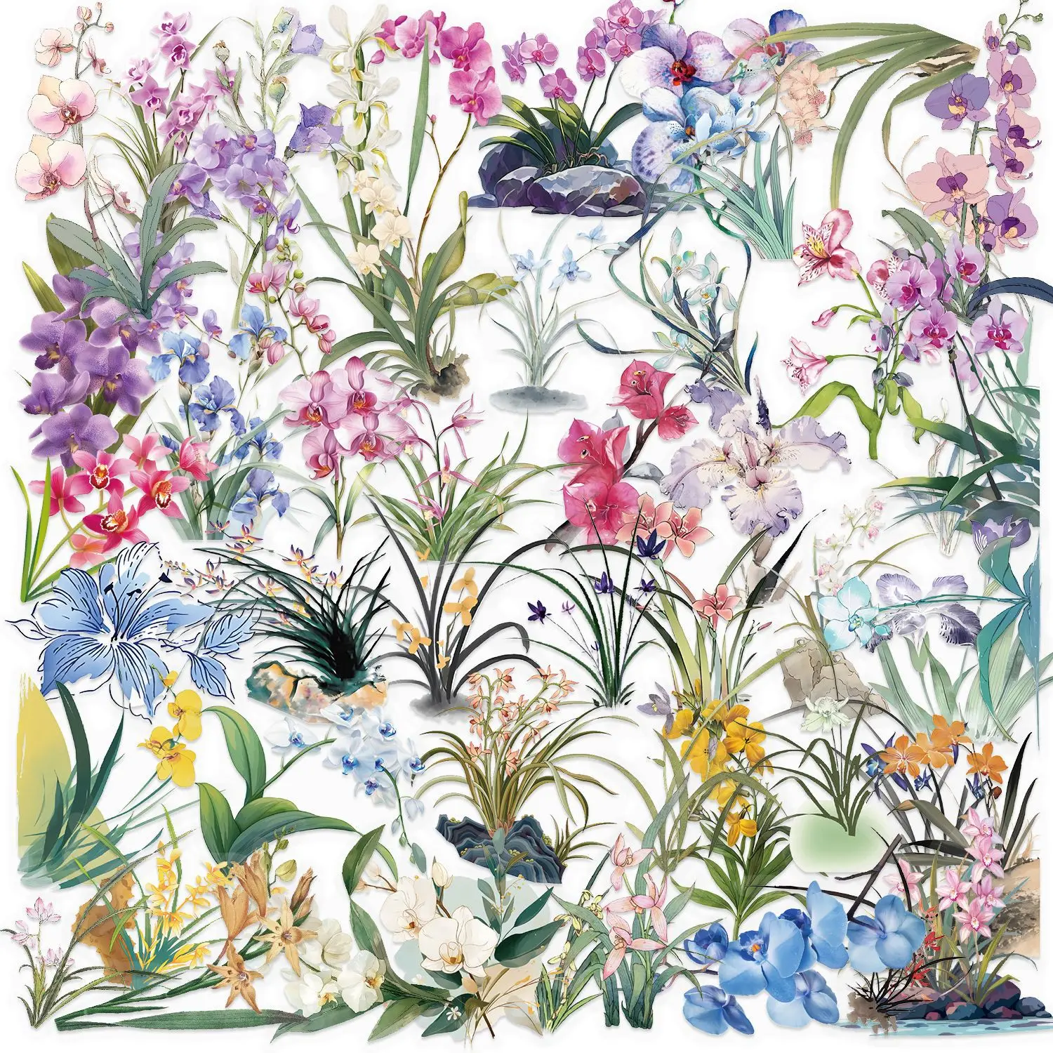 50PCS Schöne Orchidee Gras Tulpe Aufkleber Wasserdicht Transparent PET DIY Dekor Notebook Schreibwaren Kinder Belohnung Aufkleber Image