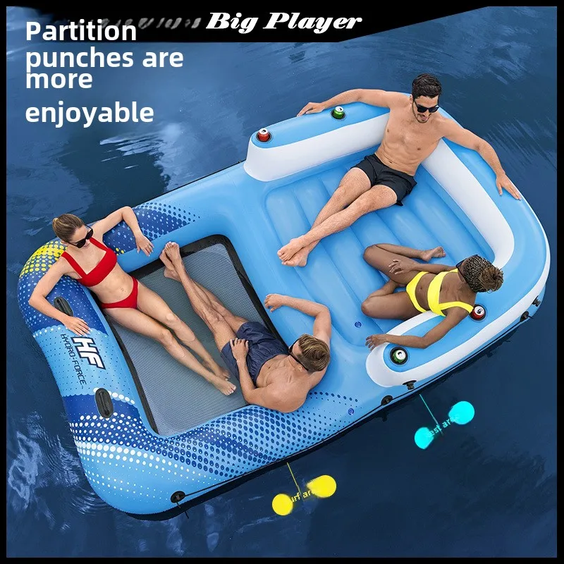 Riesige und übergroße aufblasbare schwimmende Insel mit Sonnenschirm, schwimmende Betthalterung, Schwimmreihe für Erwachsene, Schwimmkreis für Erwachsene Image