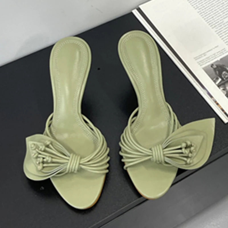 Liyke Designer Frauen Green Leaf Schmale Band Sommer Slipper Sandale Street Fashion Offene spitze Maultiere Dünne Low Heels Party Kleid Schuhe