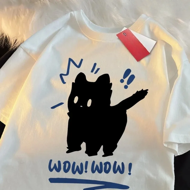 Wow Wow Fun Black Cat Print Japanische Damen Tops Mode Baumwolle T-Shirt Lose Casual High Street Casual Top Y2k Kawaii Tops