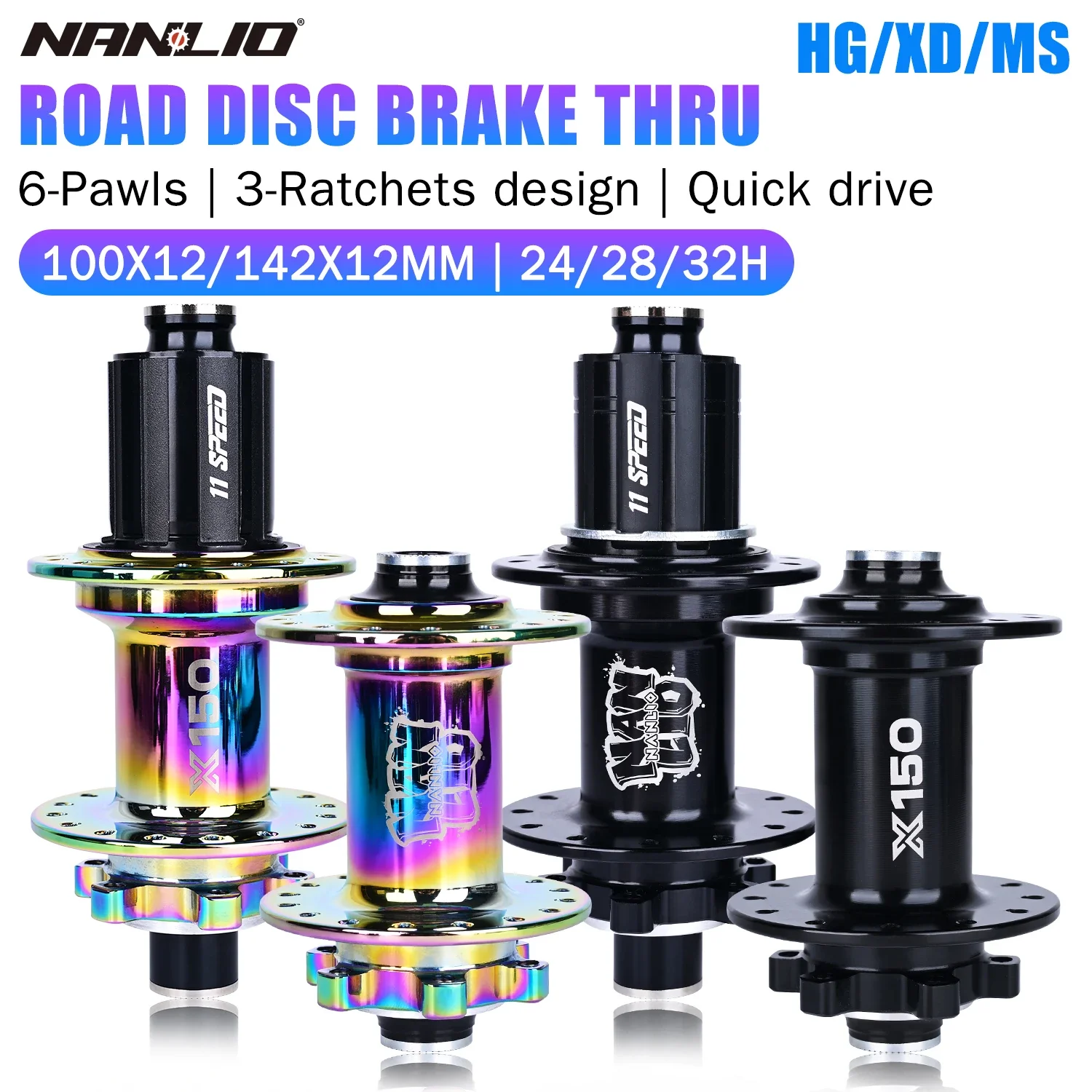 Nanlio Rennrad-Naben-Set, 6 Sperrklinken, 150 HD, 100 x 12 mm und 142 x 12 mm Steckachse, 24/28/32/36 Löcher, kompatibel mit HG, XD, MS 8–12 Gänge Image
