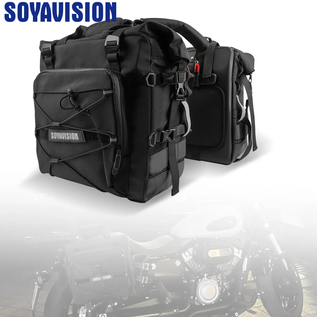 Motorrad-Seitentaschen, wasserdicht, 20 l, Schwarz, Universal-Haken, Gepäcktasche, Satteltasche, Reisen, Motorrad, Gepäck, Schnellverschluss Image
