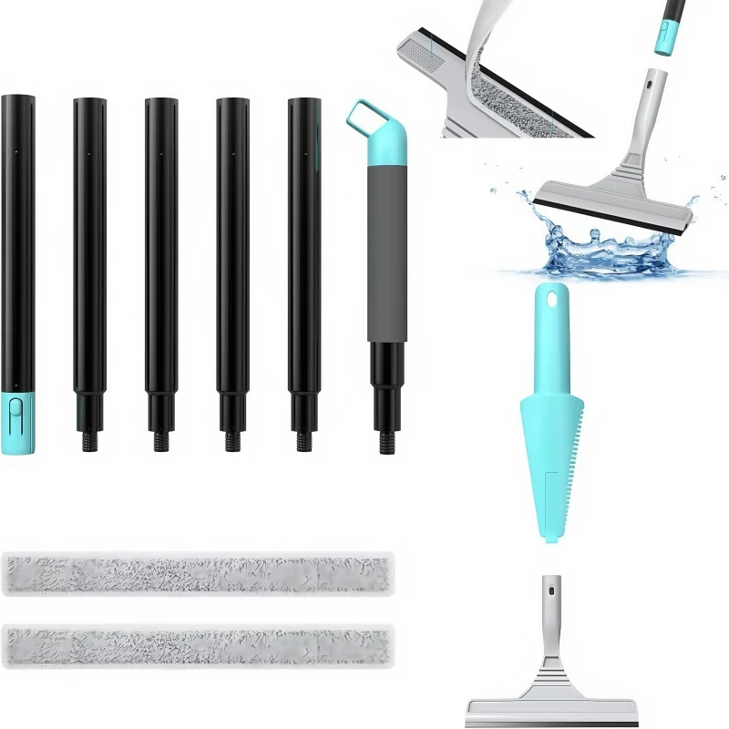 2-in-1-Teleskop-Fensterreiniger mit Rakel und Mikrofaser, ausziehbar um 154 cm für hohe Fenster/Auto/Dusche, Reiniger für mehrere Oberflächen Image