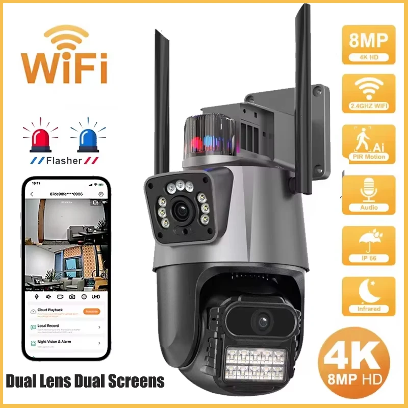 Telecamera PTZ da 8MP Telecamera esterna 4K HD Doppia lente Doppia schermi Telecamera IP di sicurezza WiFi Monitoraggio automatico Telecamera di sorveglianza CCTV Wirelss
