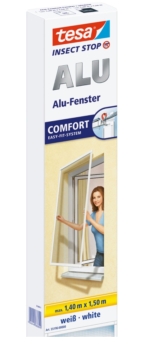 Insektenschutz-Fensterrahmen TESA "Insect Stop ALU Comfort Fliegengitter für Fenster - 1.4 m : 1.5 m", schwarz (rahmen: weiß gewebe: schwarz), B:140cm H:150cm, Insektenschutzgitter, Insektenschutz für Fenster - Aluminiumrahmen