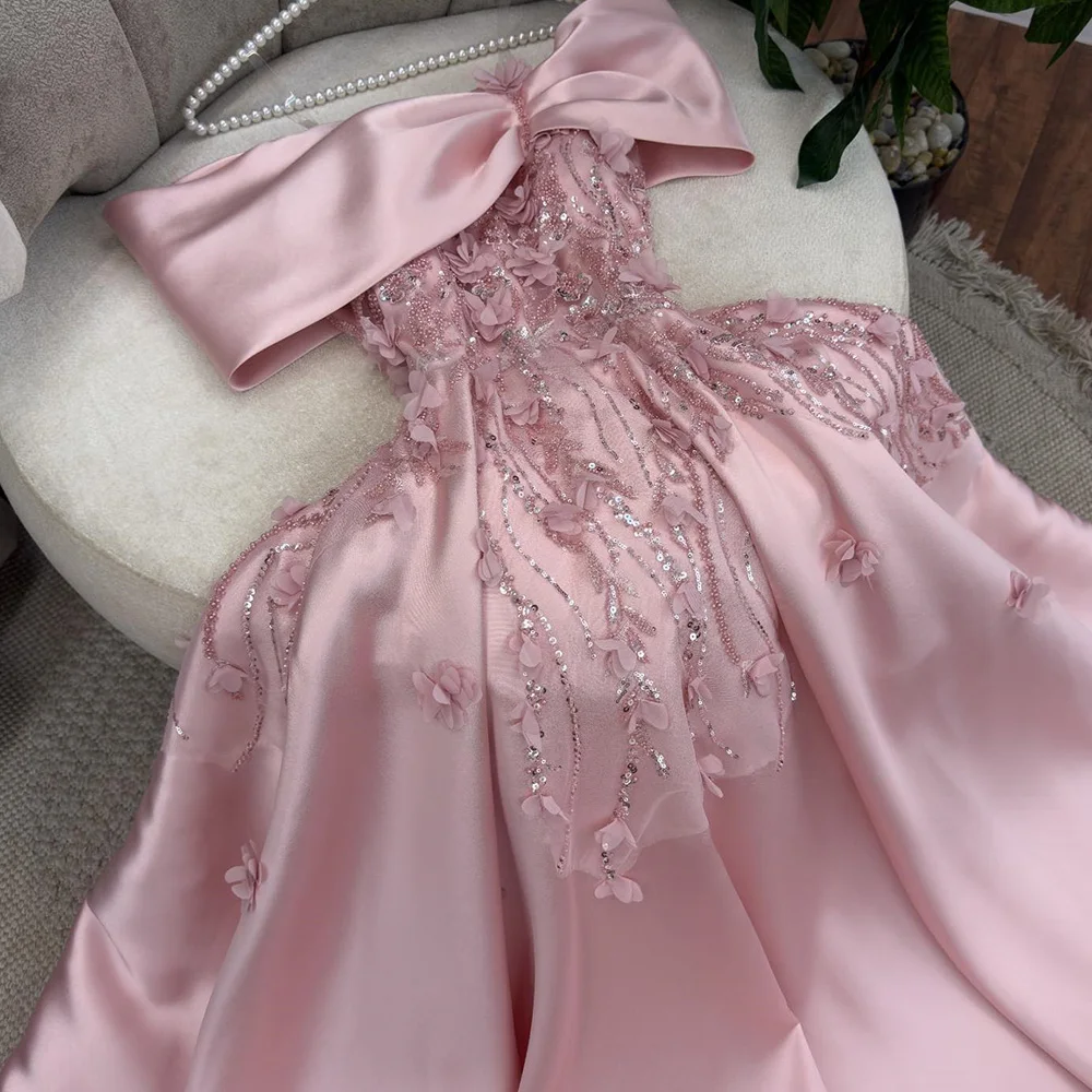 Customized Customized Charming Lace and Sequined with Appliques Evening Dress Pink Satin Off the Shoulder Zipper Back A-Line Par