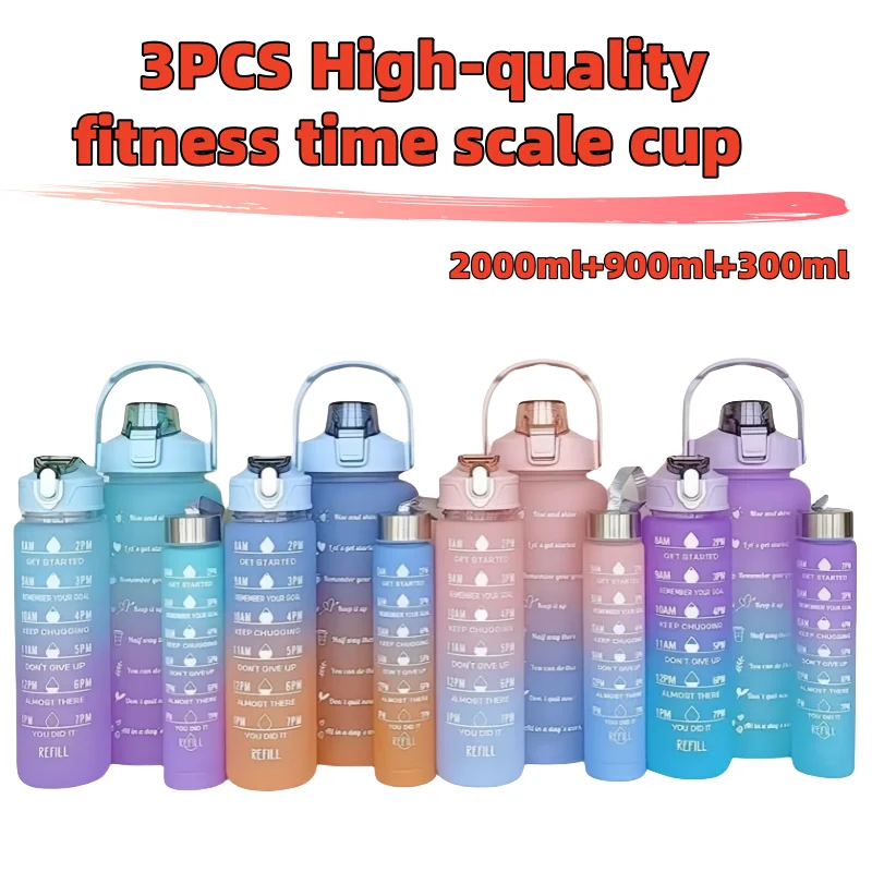 3Pcs Gradienten Kunststoff Tasse Set Große Kapazität Sport Wasser Flasche Outdoor Reise Gym Fitness Krüge Student Tragbare Tasse mit Stroh Image