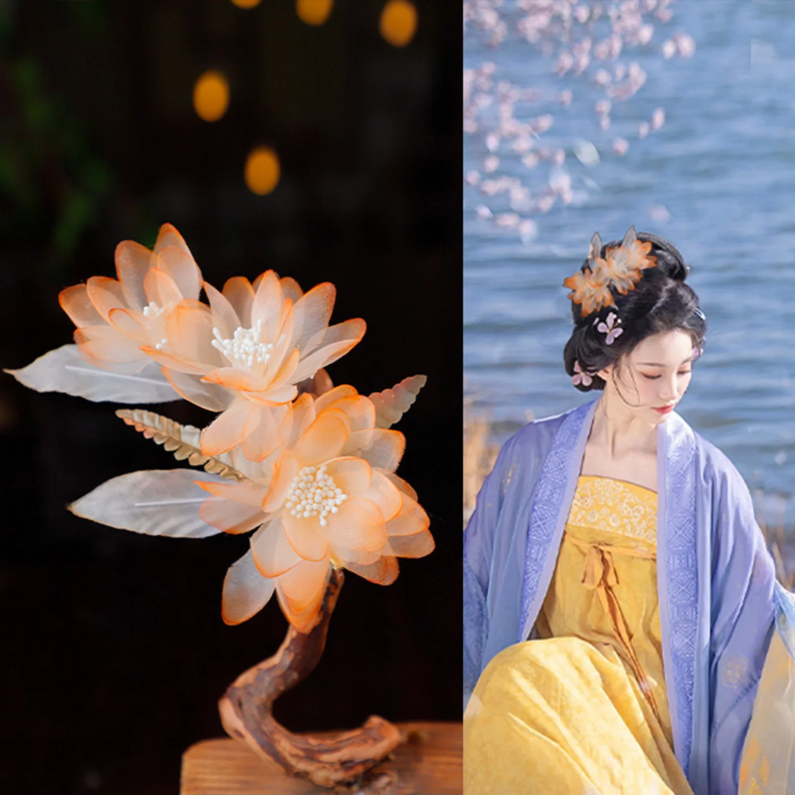 Vintage Gaze Blume Haarspange für Frauen Orange Multi Blütenblatt Blumen Haarnadel elegante exquisite Hanfu Haarschmuck Haarspangen Image