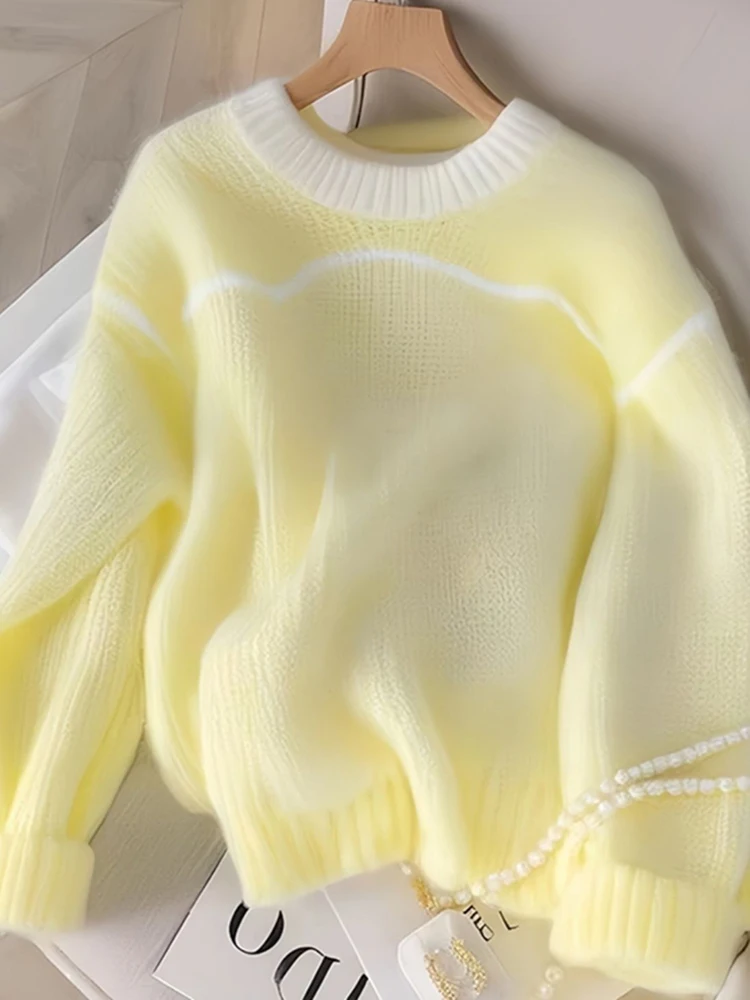 Zoki Mode Gelb Süße Pullover Frauen Casual Lose Elegante Gestrickte Jumper Koreanische Langarm O Neck Patchwork Pullover Neue