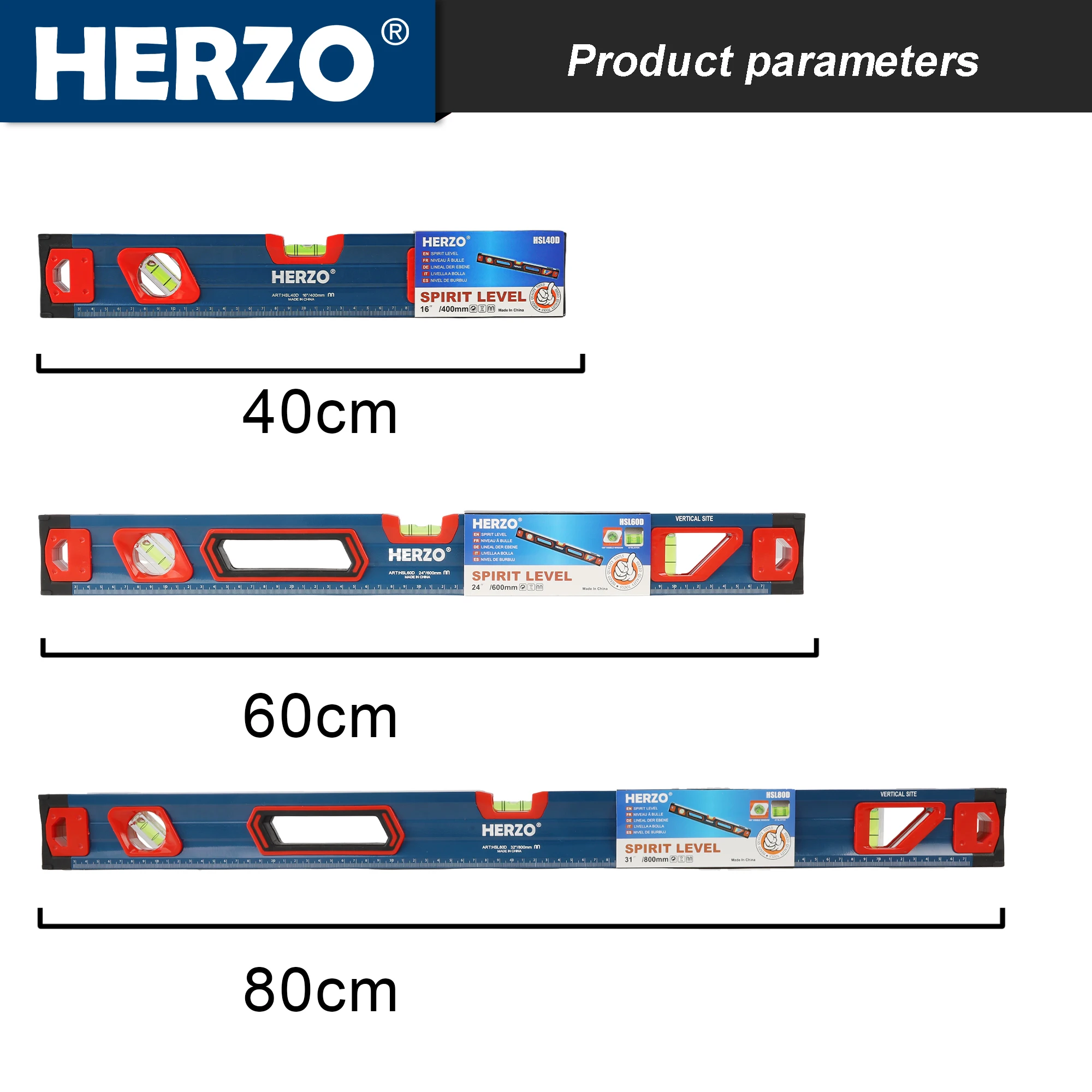 Herzo hochwertiges 40 60 80 cm Wasserwaage-Set, magnetische Wasserwaage aus Aluminium, Messwerkzeuge für industrielle Gebäude Image