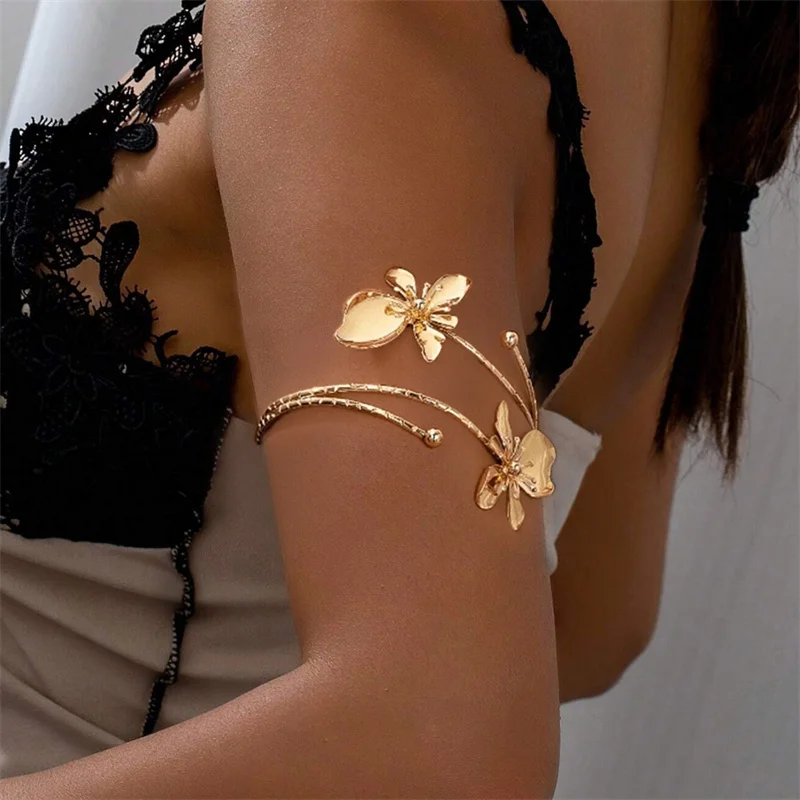 Vintage Elegante Blume Manschette Armband Armreif Für Frauen Gold Farbe Metall Floral Armbänder Femme Ästhetischen Schmuck Geschenk pulseras