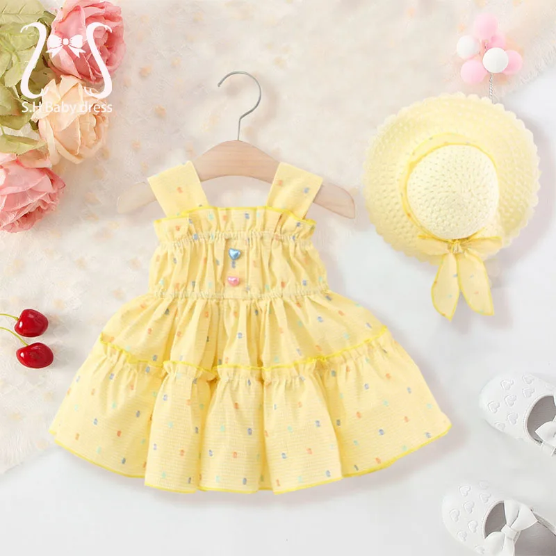 2 Teile/satz Mode Sommer Bunte Liebe Baby Mädchen Kleid Süße Neugeborene Kinder Kleidung Infant Kinder Outfit Senden Hut Kleinkind Kostüm Image