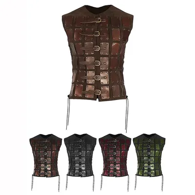 Mittelalterliches Vintage Renaissance Leder Top Wikinger Piratenritter Krieger Kettenhemd Herren Weste Kampfrobe Tunika Cosplay Kostüm Image