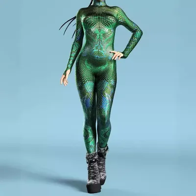 Stilvoller grüner Schlangenmuster-Body für Damen, neuer Halloween-Cosplay-Overall für Erwachsene, Image