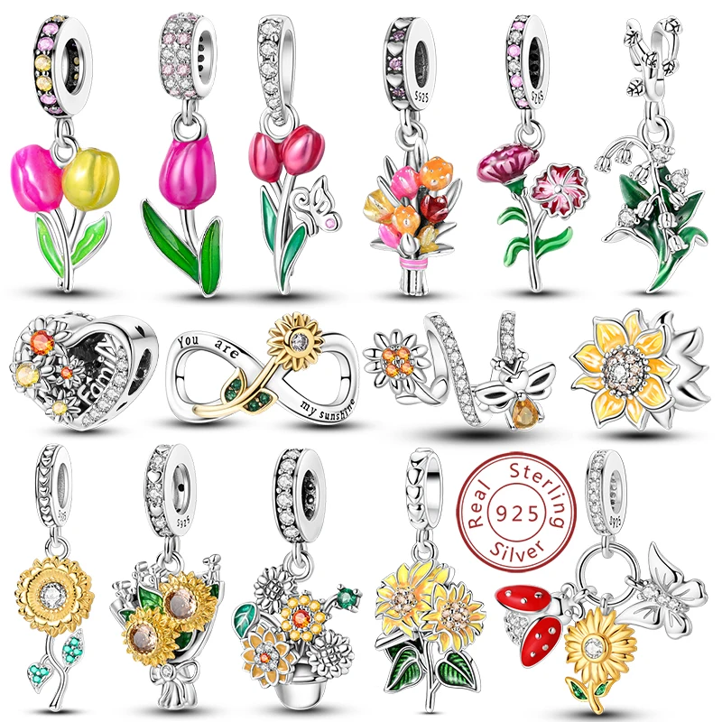 Original Charms Perlen Anhänger 925 Sterling Silber Sonnenblume Tulpe Rose Nelke Blumen Perlen für Armband Frau Schmuck Geschenke Image