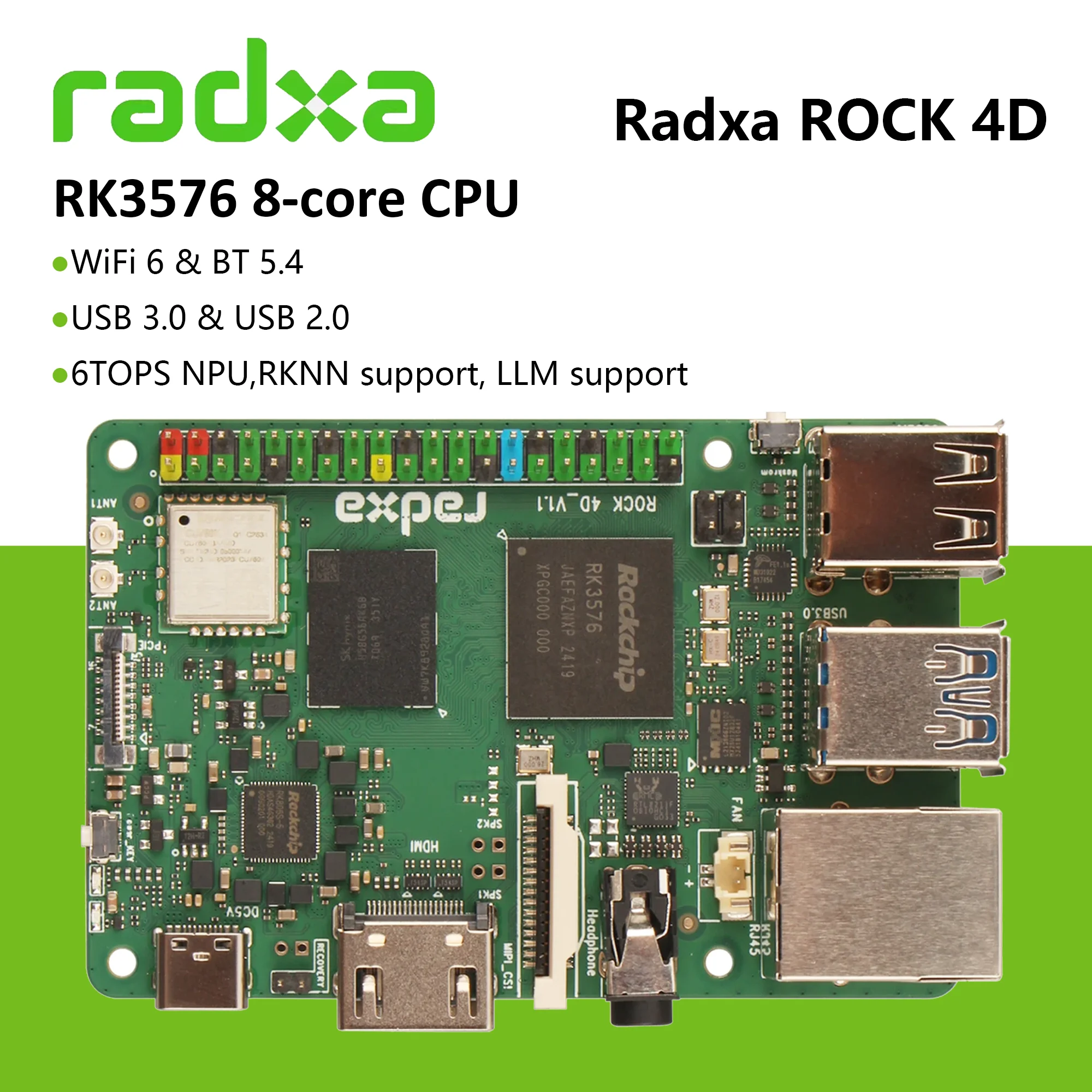 Radxa ROCK 4D RK3576 8-Core-Entwicklungsboard, entworfen für Industrie Al und Edge, 6TOPS, NPU RKNN-Unterstützung, LLM-Unterstützung, USB3.0 Image