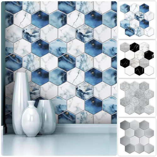 5 Styles plat hexagone marbre gaufrage carrelage Stickers muraux résistant à l'huile cuisine et