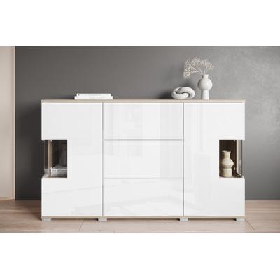 Sideboard INOSIGN "Kenia", eiche sonoma, weiß hochglanz, B:150cm H:89cm T:39,5cm, FSC-zertifizierter Holzwerkstoff, Glas, Kunststoff, Hartfaserplatte, Sideboards, Sideboard mit 3 Schubladen, 6 Fächern, Glastüren, Breite 150 cm Image