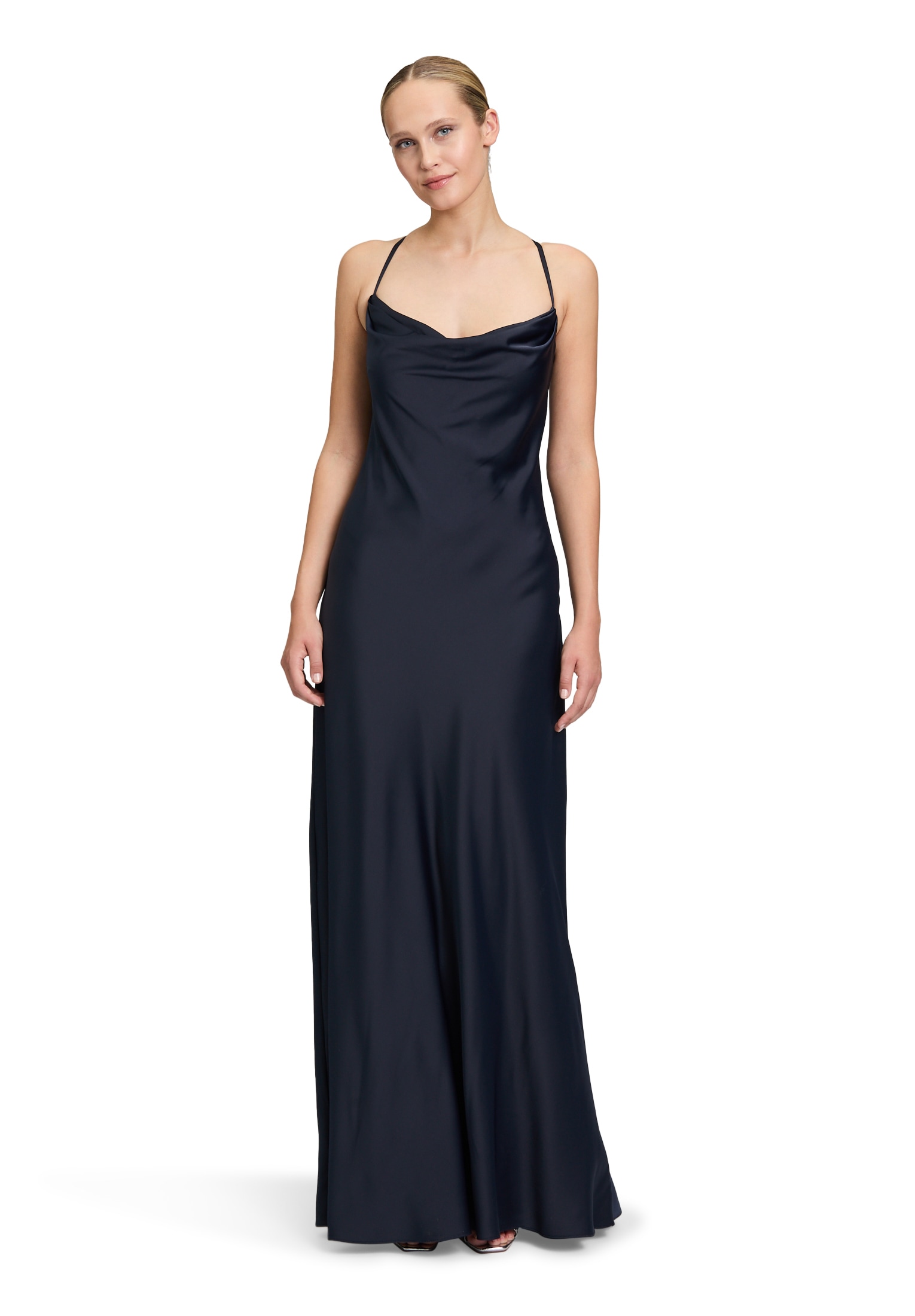 Abendkleid VERA MONT "Damen Abendkleid mit Wasserfallausschnitt", Damen, Gr. 42, Normalgrößen, blau (night sky), Obermaterial: 97% Polyester, 3% Elasthan. Futter: 100% Polyester., figurumspielend lang, Wasserfallausschnitt, Kleider Image