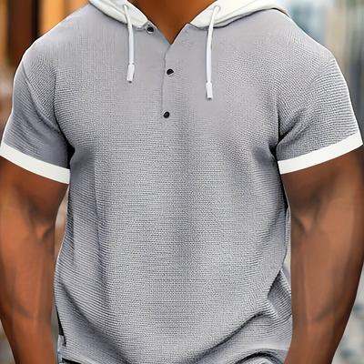 TEMU Men's Summer Casual Waffle Knit Henley Shirt - Color-block Contrast Fabric, Half-zip Button-, Breathable Short Sleeve Top For Casual Attire, Soft Texture Apparel Image