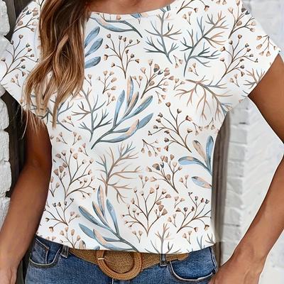 TEMU Women's Floral Print Crew Neck Short Sleeve Blouse - Casual, Elegant, Top With Ruffle Detail, Everyday Wear, Everyday Blouse | Floral Print Top | Ruffle Detail Top Image