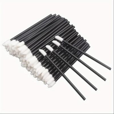 TEMU 50pcs Disposable Lip Brushes - Black Handle, White Bristles, Abs Plastic And Polyester Fiber, , Suitable For Types, Precision Lipstick And Gloss Application Image