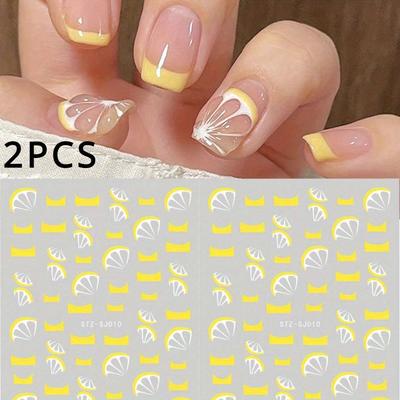 TEMU 2pcs Lemon Nail Stickers - 3d Self-adhesive French Fruit Pattern Decals, Vibrant Yellow Lemons With White Flowers, Glossy Summer Nail Art Decorations For Diy , Lemon Nail Ar Image