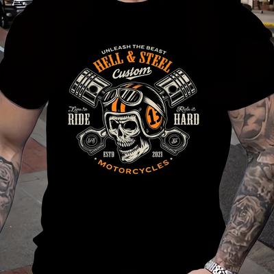 TEMU Motorcycle Graphic T-shirt - & Steel Motorcycles Design - Men's T-shirt - Pure Cotton - Comfortable & Breathable Fabric - Short Sleeve T-shirt Image