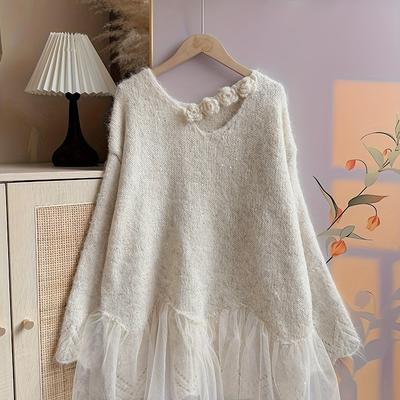 TEMU Korean-style Soft And Delicate High-end Sweater With A Sweet, Look Featuring Mesh Stitching For A Chic Mid-length Lazy Style Image