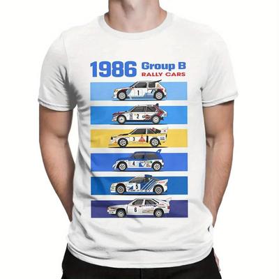 TEMU Men's 1986 Rally Vintage Graphic T-shirt - 100% Cotton Retro With 6 Iconic Cars & Geometric Stripes, Regular Fit Round Neck Tee For Enthusiasts Image