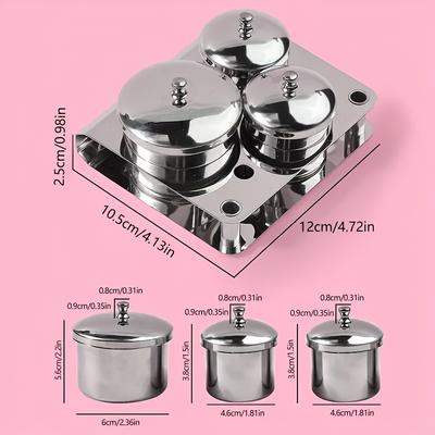 TEMU 3pcs Stainless Steel Nail Art Dish Set With Lids - Durable Acrylic Powder & Liquid Holder, Brush Organizer Tray For Professional Manicure & Pedicure Care Image