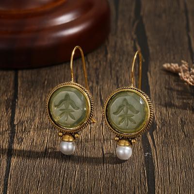 TEMU Elegant Vintage Green Geometric Pearl Drop Earrings, Golden-plated Oval Design With Translucent Green Stones & Pearl Accents – Perfect Gift For Women, Parties & Casual Attire Image