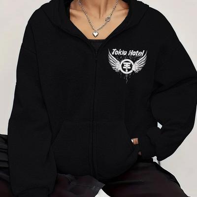 "TEMU Women's Casual Hoodie With "" Graphic Print - Stylish Cartoon , Zippered Pullover With Kangaroo Pocket, Light Gray, , Casual Wear Hoodie|graphic Hoodie|zippered Hoodie" Image