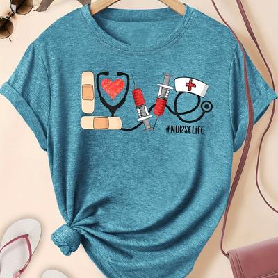 TEMU Women's Casual Nurse-themed T-shirt With Stethoscope & Syringe Design - Short Sleeve, Round Neck, , Multiple Colors (s-xxl), Nurse Apparel | Graphic Tee | , Nurse Accessories For Image