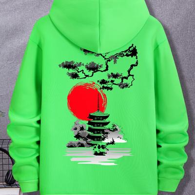 TEMU Men's Hoodie With Japanese-inspired Print - Casual Pullover With Kangaroo Pocket, Drawstring Hood, And For Spring And Fall, Autumn Casual Wear|vibrant Hoodie| Hoodie Image