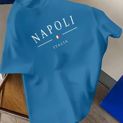 TEMU Men's Napoli Italy Graphic T-shirt - Casual Crew Neck, Short Sleeve, Comfortable Polyester Tee With Stylish Print, Summer & Gift , Napoli Print T Shirts Image