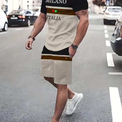 TEMU 2pcs Set Of Men's Casual Fashion Outfits For Summer - Italy Comfortable Polyester T-shirt With Unique And Drawstring Shorts, Machine Washable Image