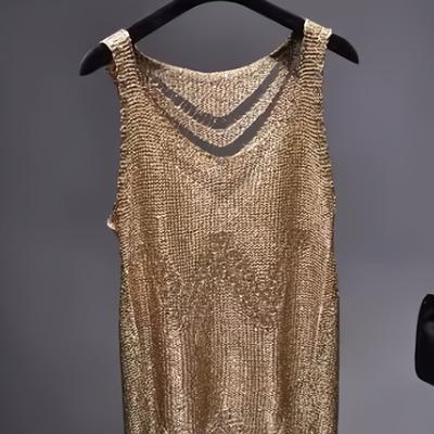 TEMU Sexy Golden Sequin Sleeveless Vest Top - Semi-sheer Openwork Design, 100% Polyester Slim Fit Summer Tank Top For Women, Hand Wash/ Image