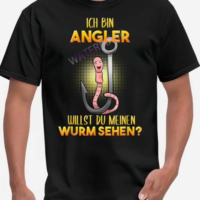 "TEMU Men's Funny Fishing T-shirt - "ich Bin Angler" German Text & Worm Design, Black Short Sleeve Casual Tee, Machine Washable, Fit For Adult Men, Fishing T Shirt" Image