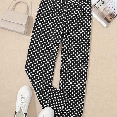 TEMU Women's Polka Dot Print Elastic Waist Straight-leg Pants - Comfortable Stretch Fabric, For All , Weekend , Trousers | Polka Dot Pattern | Image