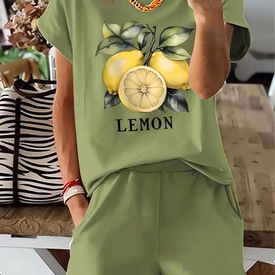 TEMU Lemon, Green Leaves, Women's Set, Women'-piece Set - Casual Short Sleeved T-shirt And High Waisted Shorts, Slanted Pocket, Polyester Fiber, Machine Washable Image