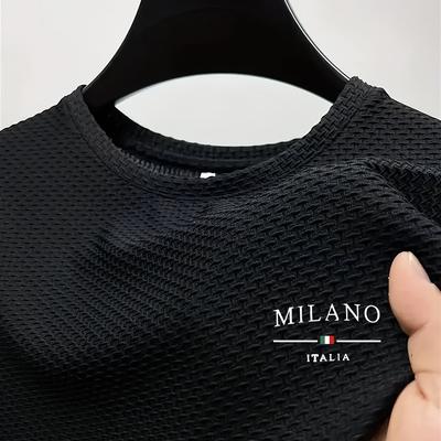 TEMU Obm 2025 Men's Breathable Stretch Short Sleeve T-shirt - Ice Fiber Fabric, Ribbed Texture, Solid Color, Round Neck For Golf, Outdoor & Casual Wear - Machine Washable Image